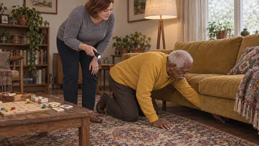 A tall elderly man with white hair and a white moustache in a mustard sweater kneels and reaches under a sofa for a missing tile while a woman with an auburn bob in a grey sweater holds a small torch and looks down beside him.