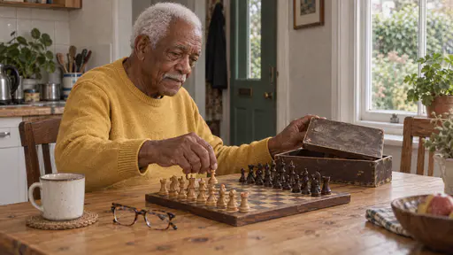 A tall elderly man in a mustard sweater sets carved wooden chess pieces in rows on an old chessboard on a pine kitchen table in warm window light with a worn wooden box and reading glasses beside him.