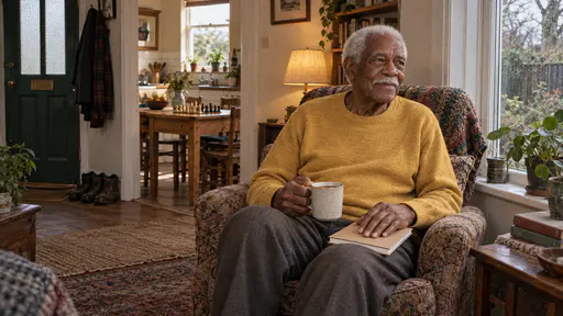 A tall elderly man in a mustard sweater sits in a deep armchair by a tall window with a mug of tea and a closed notebook on his knee in warm lamplight with muddy walking shoes by the green front door and a chessboard on the table behind.