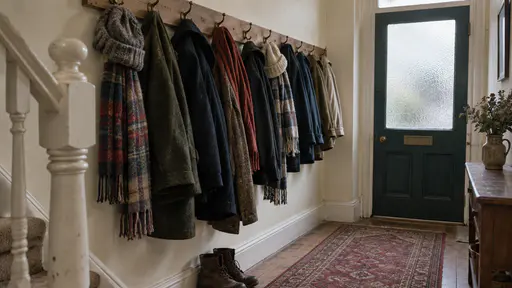 Thick winter coats, wool scarves and knitted hats hang at the front of a wooden coat rack with brass hooks in a cream entry hall in cool morning light while lighter summer jackets are pushed to the far end.