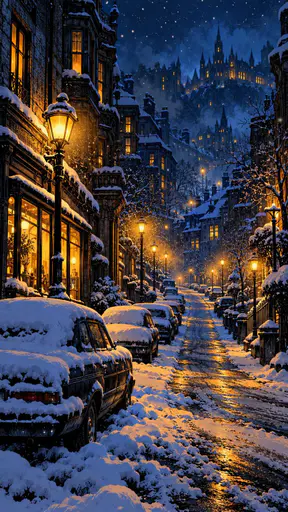 A quiet snowy city street at night has warm glowing shop windows and street lamps with fresh snowfall on parked cars and rooftops in soft fog.