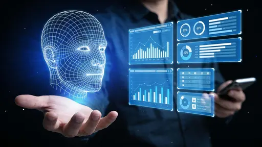 A wireframe human-face hologram hovers above an outstretched hand in a dark 16:9 scene, casting deep blue and indigo light onto floating data panels and a blurred smartphone.