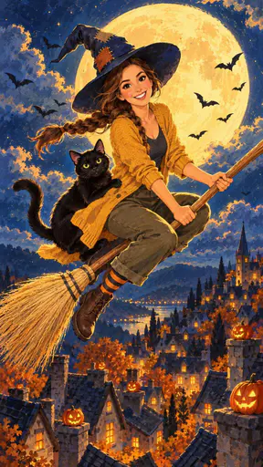 A witch in a patched hat rides a straw broom over a hilltop town at night with a black cat clinging behind her, a giant full moon, bats and glowing pumpkins on rooftops.