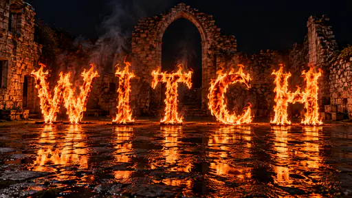 The word WITCH spelled in five tall letters of burning orange fire on a wet stone courtyard at night, their glow reflecting in amber streaks on the stones, ruined stone walls with a tall pointed arch behind them and smoke rising into a black sky.