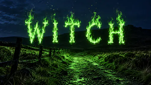 The word WITCH spelled in five tall capital letters of bright green flame hovering above a dark moorland path at night, green sparks rising between them, a bent black fence at the lower edge and a dark hill on the horizon.