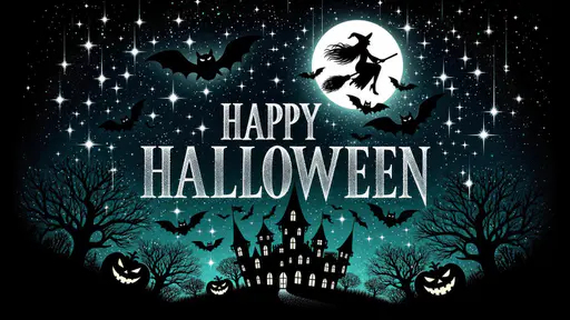 Teal-black starry illustration with white HAPPY HALLOWEEN lettering, a witch riding a broom across an upper-right full moon, black bats, haunted castle, bare trees and grinning pumpkins.