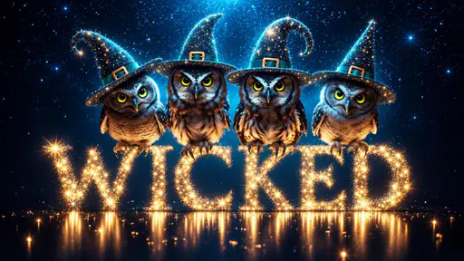Four brown and gray owls with yellow eyes wear sparkling pointed witch hats with teal bands and brass buckles. Their talons rest above six golden star-cluster letters spelling WICKED. Cyan stars glow in the midnight-blue background, and gold light reflects on a glossy dark surface below.