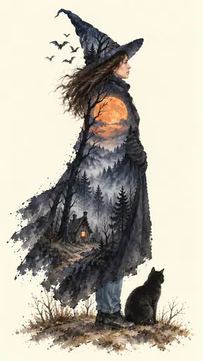 The silhouette of a witch in a pointed hat with a black cat at her feet is filled with a misty haunted forest, a cottage with one lit window and a huge harvest moon.