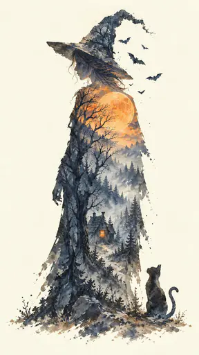 The silhouette of a witch in a pointed hat with a black cat at her feet is filled with a misty haunted forest, a cottage with one lit window and a huge harvest moon.