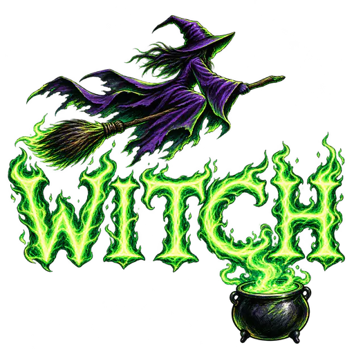 A witch in a pointed purple hat flies on a broom above a round black cauldron, with green flame letters spelling WITCH across the middle on a transparent background.