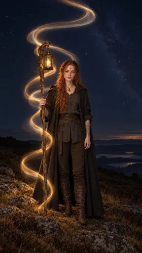 A copper red haired witch stands still with her staff on a moorland ridge at night while hand moved ribbons of warm light spiral around the staff and across her cloak under a starry sky.