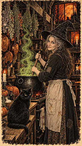 A witch in a pointed hat stirs an iron cauldron in a crooked cottage kitchen with a black cat on the table, hanging herbs, crows on the rafters and a harvest moon in the window.