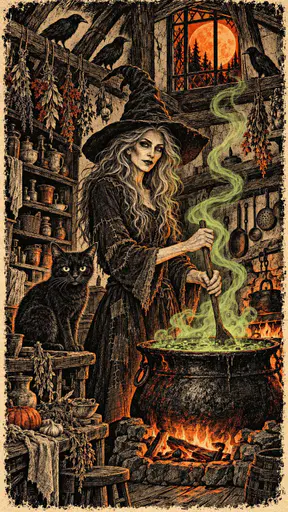 A witch in a pointed hat stirs an iron cauldron in a crooked cottage kitchen with a black cat on the table, hanging herbs, crows on the rafters and a harvest moon in the window.