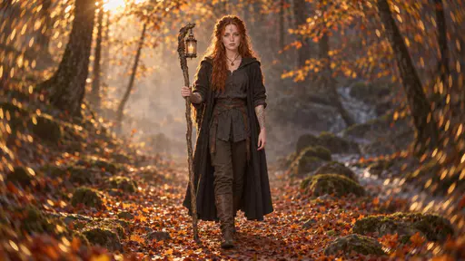 A copper red haired witch in a hooded cloak walks toward the camera along a leaf covered misty autumn forest path holding her staff, with golden background light swirling into oval bokeh.