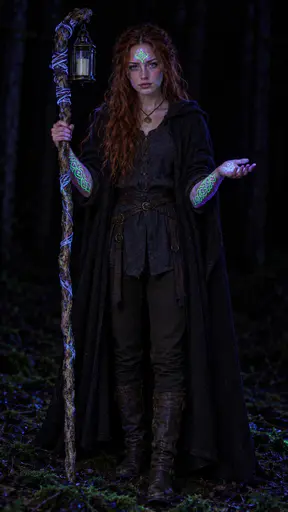 A copper red haired witch in a black forest clearing lit only by ultraviolet light, her forehead knotwork mark and forearm tattoos glowing electric green and violet and her staff cord glowing pale blue.