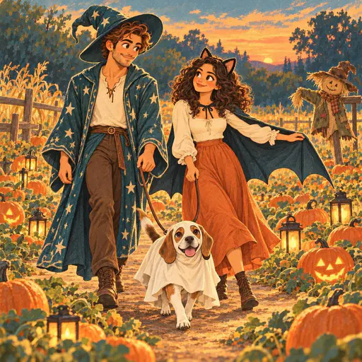 A couple in wizard and bat cat costumes walk a beagle dressed as a sheet ghost through a pumpkin patch of glowing jack o lanterns with a scarecrow behind them.