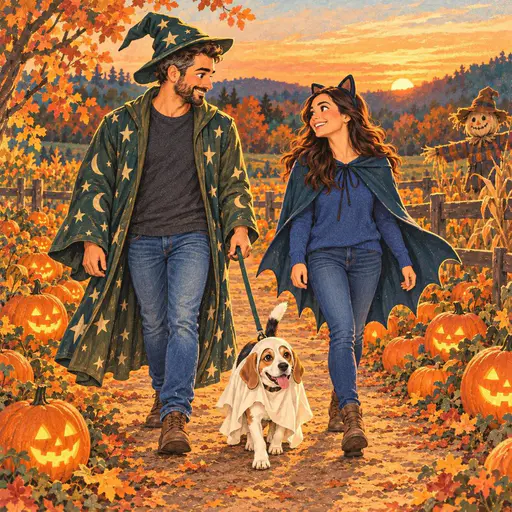 A couple in wizard and bat cat costumes walk a beagle dressed as a sheet ghost through a pumpkin patch of glowing jack o lanterns with a scarecrow behind them.