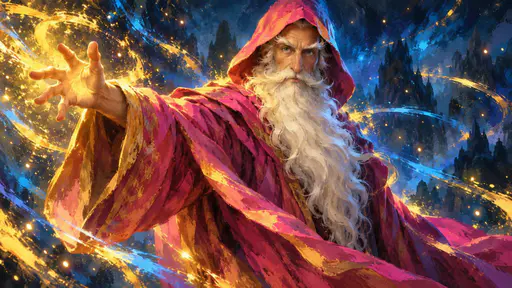 A wizard with a long white beard and a pink hood stands with one arm outstretched toward the left against a dark background streaked with blue and yellow spark like paint strokes.