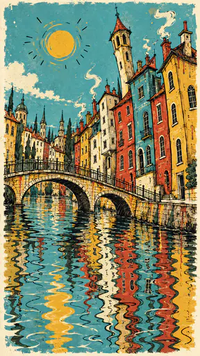 A crooked line of tall wobbly buildings stands along a river bank with wiggling reflections, a long arched footbridge, smoking chimneys and a leaning tower in scratchy comic style.