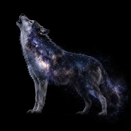 A howling grey wolf in side profile filled with the Milky Way, dense star fields peaking along its neck and chest and thinning toward the raised muzzle against a near-black night field.