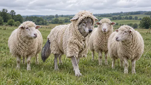 A wolf in sheep's clothing: a gray wolf wearing a loose sheep-fleece costume stands among three genuine white sheep in a meadow, its sharp muzzle, amber eyes and gray paw visible against the wool disguise.