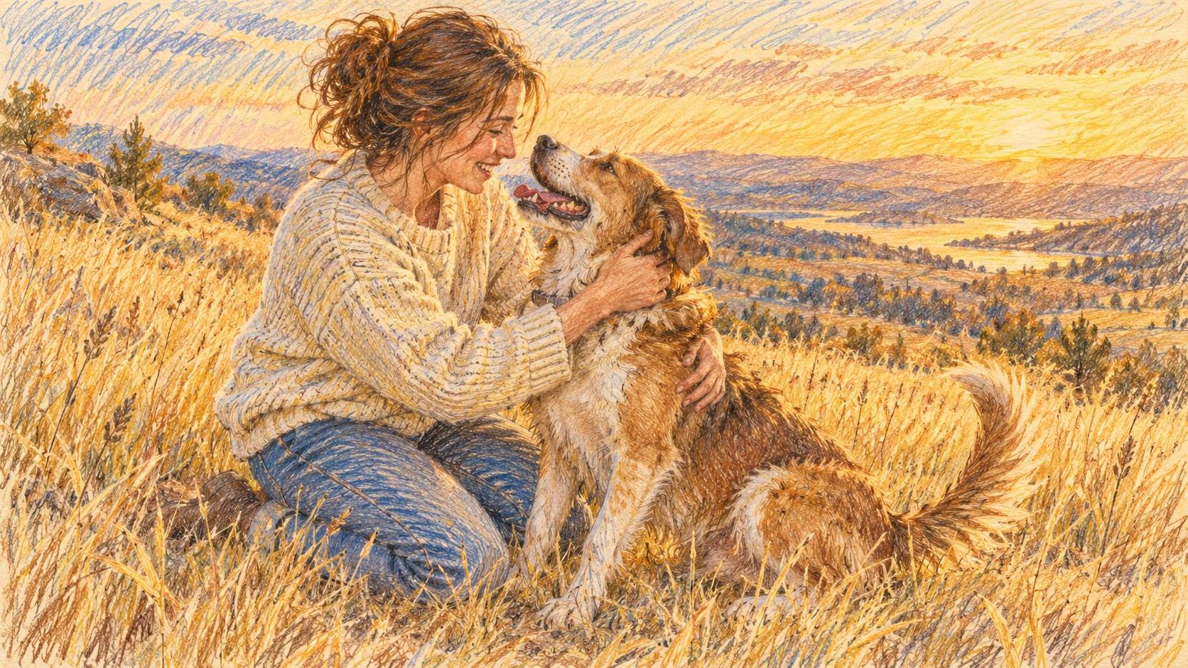 An adult woman in a warm sweater kneels to hug a happy rescue dog with floppy ears with both looking at each other with pure joy in soft golden hour light.