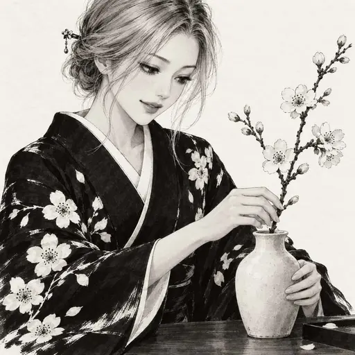 A woman in a floral black kimono arranges a blossom branch in a pale vase, rendered with flowing ink lines, delicate gray washes, and crisp dark shapes.