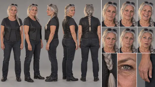 A 16:9 studio character sheet of a woman with a long silver braid in a black leather vest and charcoal t-shirt, dark jeans and black boots, shown in five full-body views, six expressions and three close details.