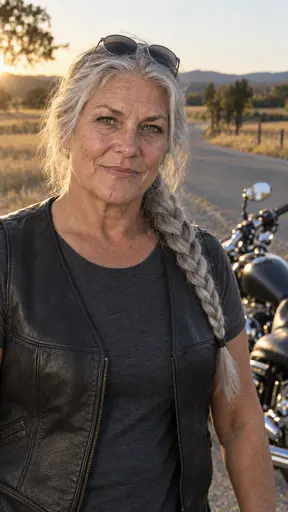 A strong woman in her mid fifties with a long thick silver braid, sunglasses pushed up into her hair and a black leather vest over a charcoal t-shirt, beside a dark motorcycle on a quiet country road at golden hour.