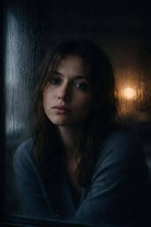 Cinematic 2:3 vertical portrait of a late-20s woman seated against a rain-streaked window, eyes reflective and restrained, cool storm light with soft warm bokeh.