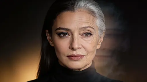 Wide 16:9 editorial portrait of a woman morphing from late-20s to late-70s across her face, left-centered subject in a matte black turtleneck with minimal haze.