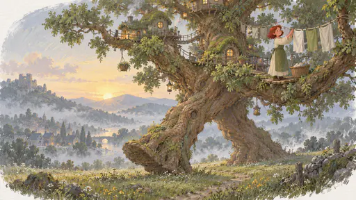 A red-haired woman in a moss-green apron hangs washing on a line between two branches of an enormous tree with cottages and rope walkways among its branches, a great root-leg lifting from the meadow soil below in soft dawn mist.
