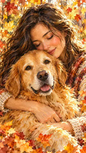 An adult woman with closed eyes hugs her golden retriever as autumn leaves blur behind them, painted in loose luminous watercolor washes.