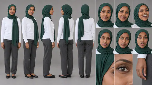 A 16:9 studio character sheet of a woman in an emerald-green hijab and white top, grey trousers and black flat shoes, shown in five full-body views, six expressions and three close details.