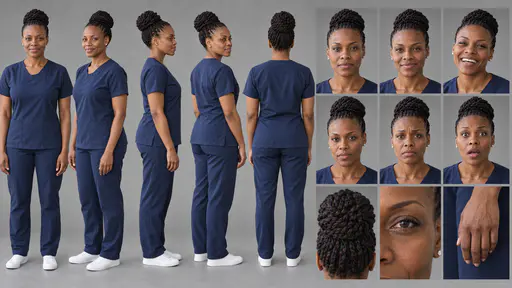 A 16:9 studio character sheet of a woman in plain navy scrubs and white sneakers with twists in a high knot, shown in five full-body views, six expressions and three close details of hair, eye and hand.