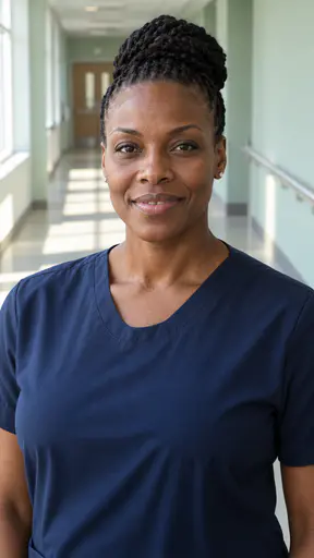 A tall woman in her early forties with deep brown skin, small diamond earrings and twists swept into a high knot, in a plain navy scrub top in a bright hospital corridor with pale green walls and a handrail.