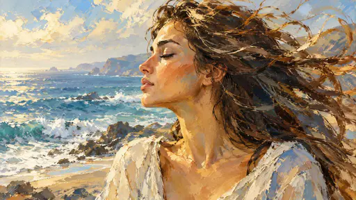 A woman in profile with closed eyes and windswept hair beside a hazy ocean.
