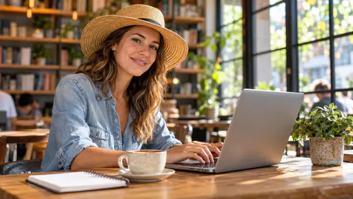 An adult woman in a straw sun hat and denim shirt works on a laptop at a sunny cafe table with a coffee cup, a notebook and a small plant, with bookshelves softly blurred behind.