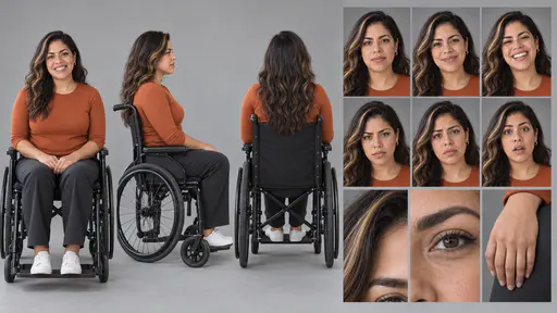 A 16:9 studio character sheet of a woman with long wavy hair and a caramel streak in a terracotta top, grey trousers and white sneakers, seated in a black manual wheelchair in front, profile and back views, with six expressions and three close details.
