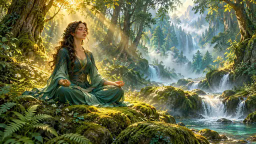 A woman sits meditating on rocks in a forest with sunbeams streaming through the trees.