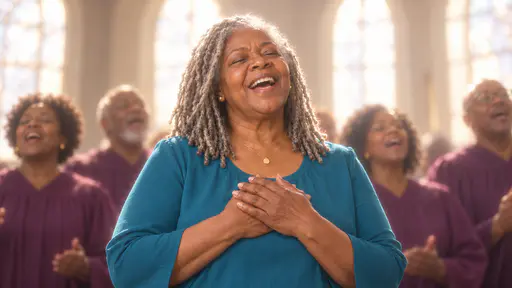 A woman with thick silver locs, gold studs and a teal blouse sings with her head tilted back, eyes closed and hands clasped at her chest, in front of a blurred row of choir singers in plum robes and tall arched windows filled with pale haze.