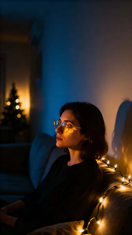 A woman sits alone on a couch at night, bathed in warm fairy-light reflections on her glasses and face, with dim room shadows and a distant Christmas-tree glow.