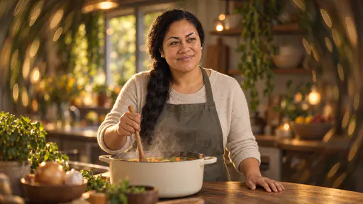 A smiling woman with a long black braid and pearl studs, in a cream knit top and an olive apron, stirs a large cream pot of steaming vegetable soup with a wooden spoon, her other hand flat on a wooden counter, a window, hanging plants and a bowl of onions swirling into golden bokeh behind her.