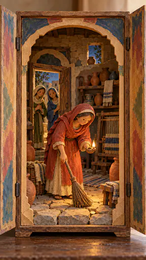 An open cabinet holds a one room stone house where a woman in a clay red head covering sweeps the floor with a lamp while a small gold coin glints between two stones and neighbours wait at the door.