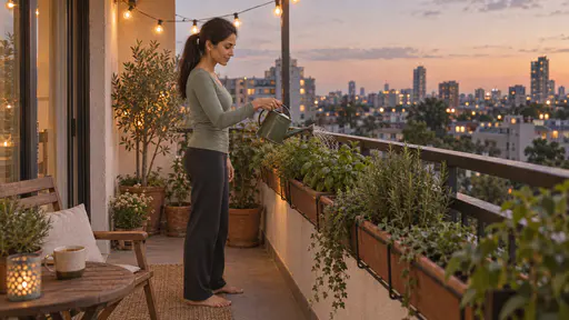 A lean woman with a long dark ponytail and small gold studs in a sage long-sleeve top waters a row of herb pots along a balcony rail with a small watering can under a string of glowing bulbs with city lights coming on beyond the rail and a cup of tea on a little table at dusk.
