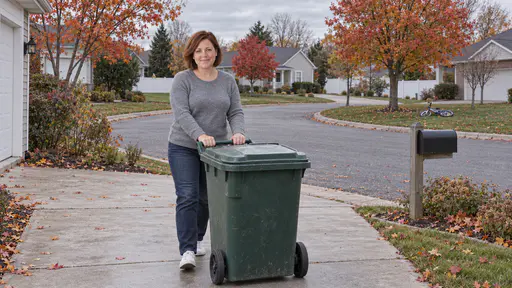 A woman with a chin-length auburn bob in a heather-grey sweater and jeans wheels a green bin down a driveway toward the kerb of a quiet cul-de-sac, modest houses with white fences, maple trees in autumn colour, a child's bicycle on a lawn and a mailbox behind her.
