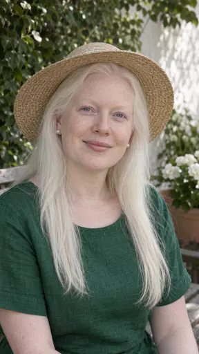 A woman in her mid-thirties with very pale skin, long straight white-blonde hair, pale grey-blue eyes and pearl earrings, in a wide-brimmed straw sun hat and a plain emerald-green linen top, on a bench in a shaded garden with white flowers.