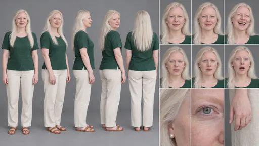 A 16:9 studio character sheet of a woman with very pale skin and long white-blonde hair in an emerald linen top, cream trousers and tan sandals, shown in five full-body views, six expressions and three close details.
