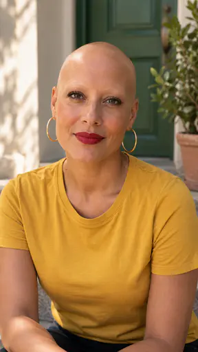 A woman in her mid-forties with a smooth hairless scalp, no eyebrows, fine long lashes, large gold hoop earrings and deep-red lipstick, in a mustard-yellow crew-neck top on a sunlit stoop with a blurred green doorway and a potted plant behind.