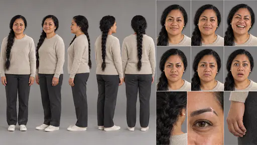 A 16:9 studio character sheet of a woman with a long black braid and pearl earrings in an oatmeal sweater, charcoal trousers and off-white sneakers, shown in five full-body views, six expressions and three close details.